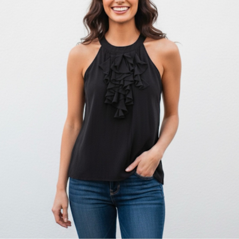 August Silk Black Ruffle Sleeveless Blouse